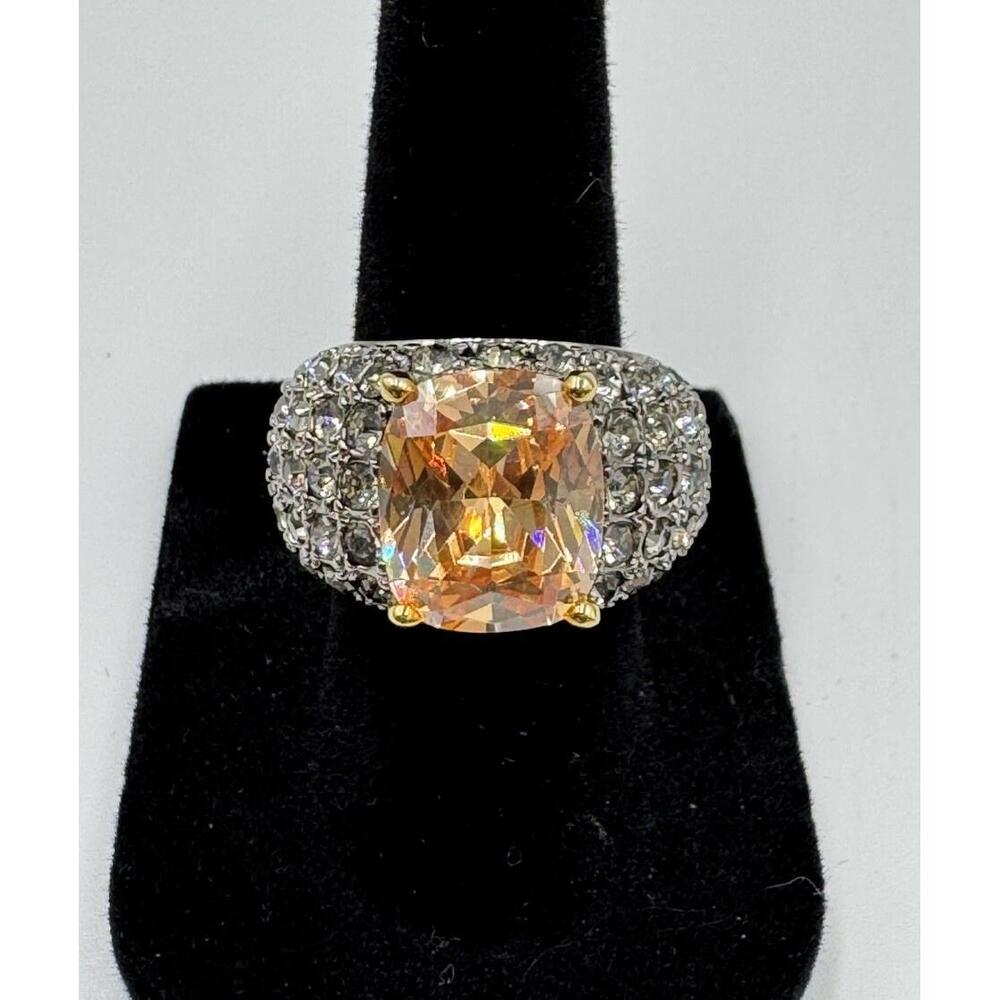 Nolan Miller Sparkly Peach CrystalGun Metal Band Cocktail Statement Ring Size 6